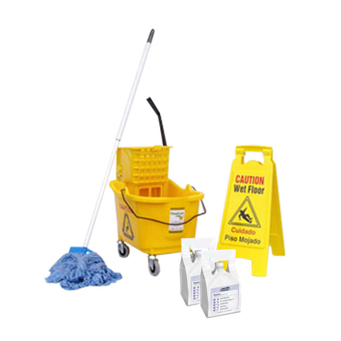 Floor Mopping Package w/ Mop Bucket, Wet Floor Signs, Mops